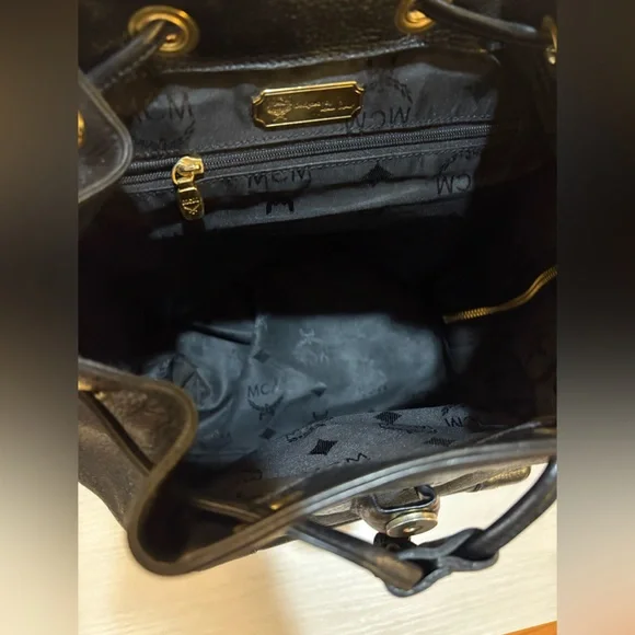 MCM Black Leather Backpack with Gold Accents and draw strings 12"x11" - Picture 3 of 16